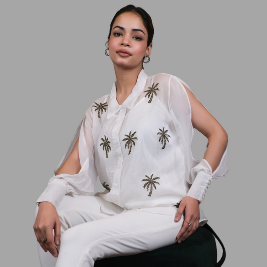 Ivory Palm Organza Shirt & Inner