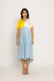 Yellow-Ice Blue V Neck Midi Dress