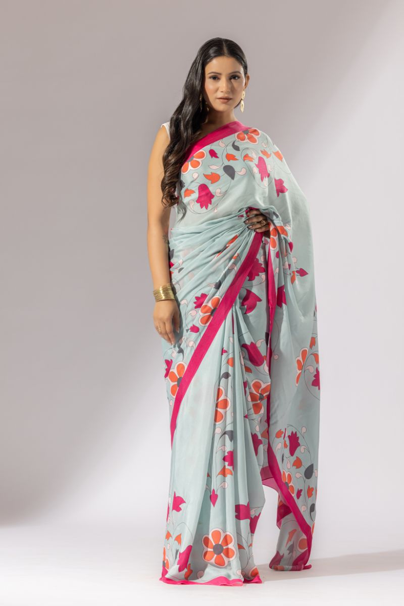 Bouquet Breeze Crepe Saree - Sea Green