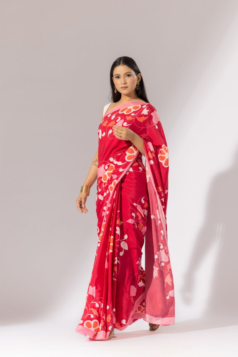 Floral Symphony Crepe Saree - Red