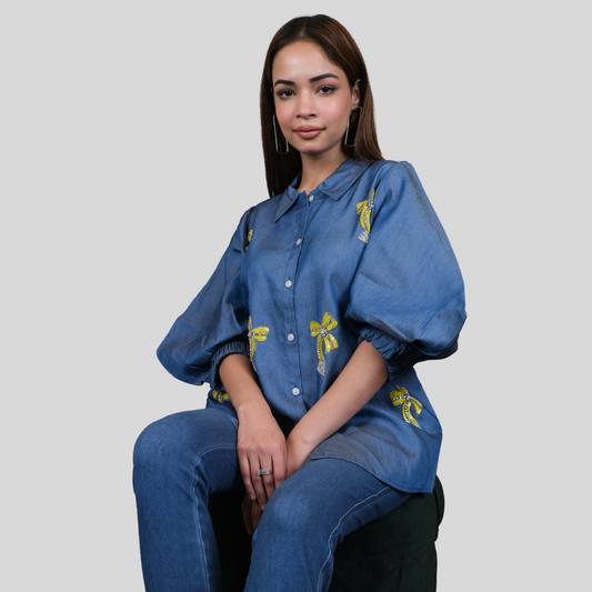 Denim Shirt With Ribbon Embriodery