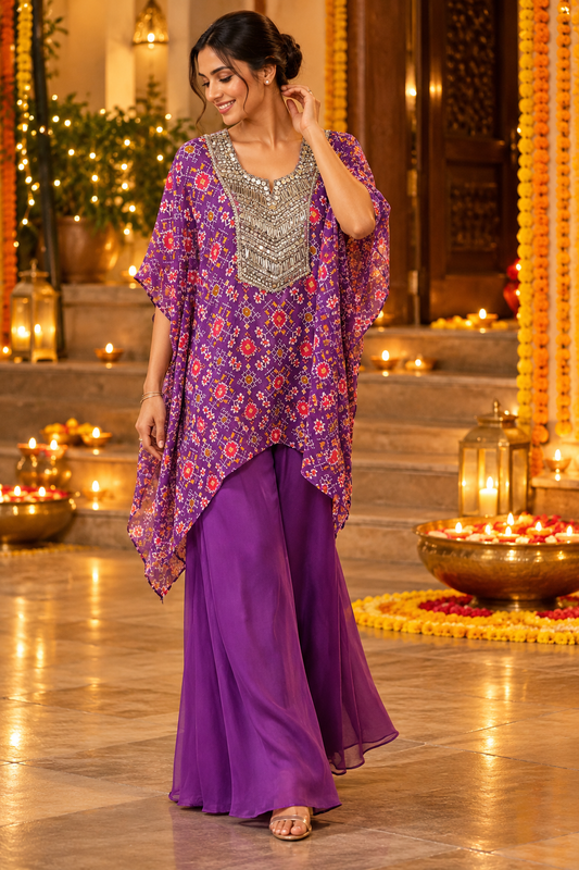 Gulnaar purple embellished kaftan set