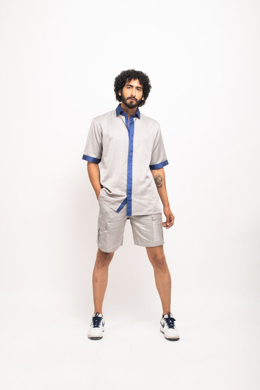 Grey-Blue Collar Colorblocked Shirt