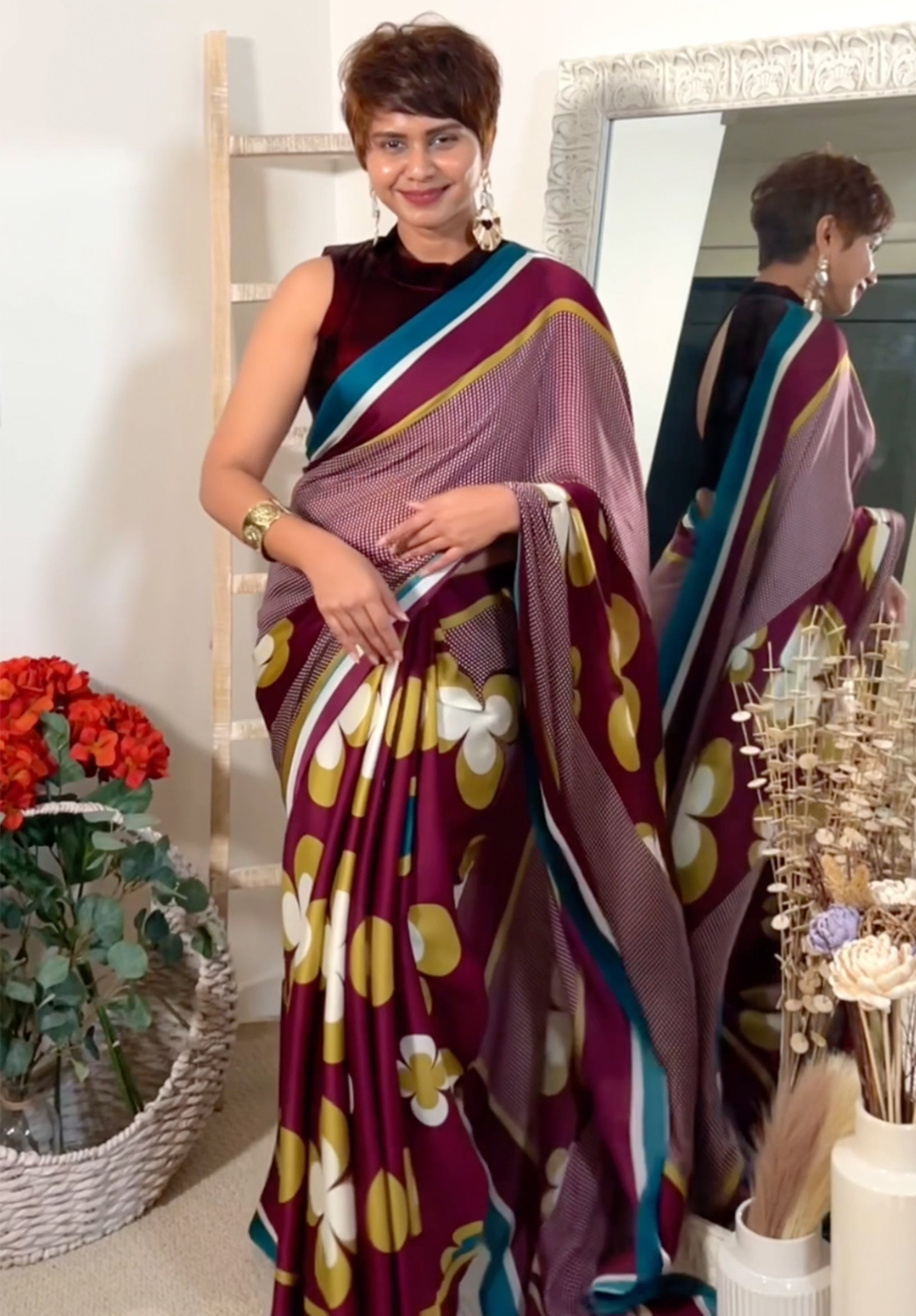 Retro Fusion Satin Georgette Saree - Maroon