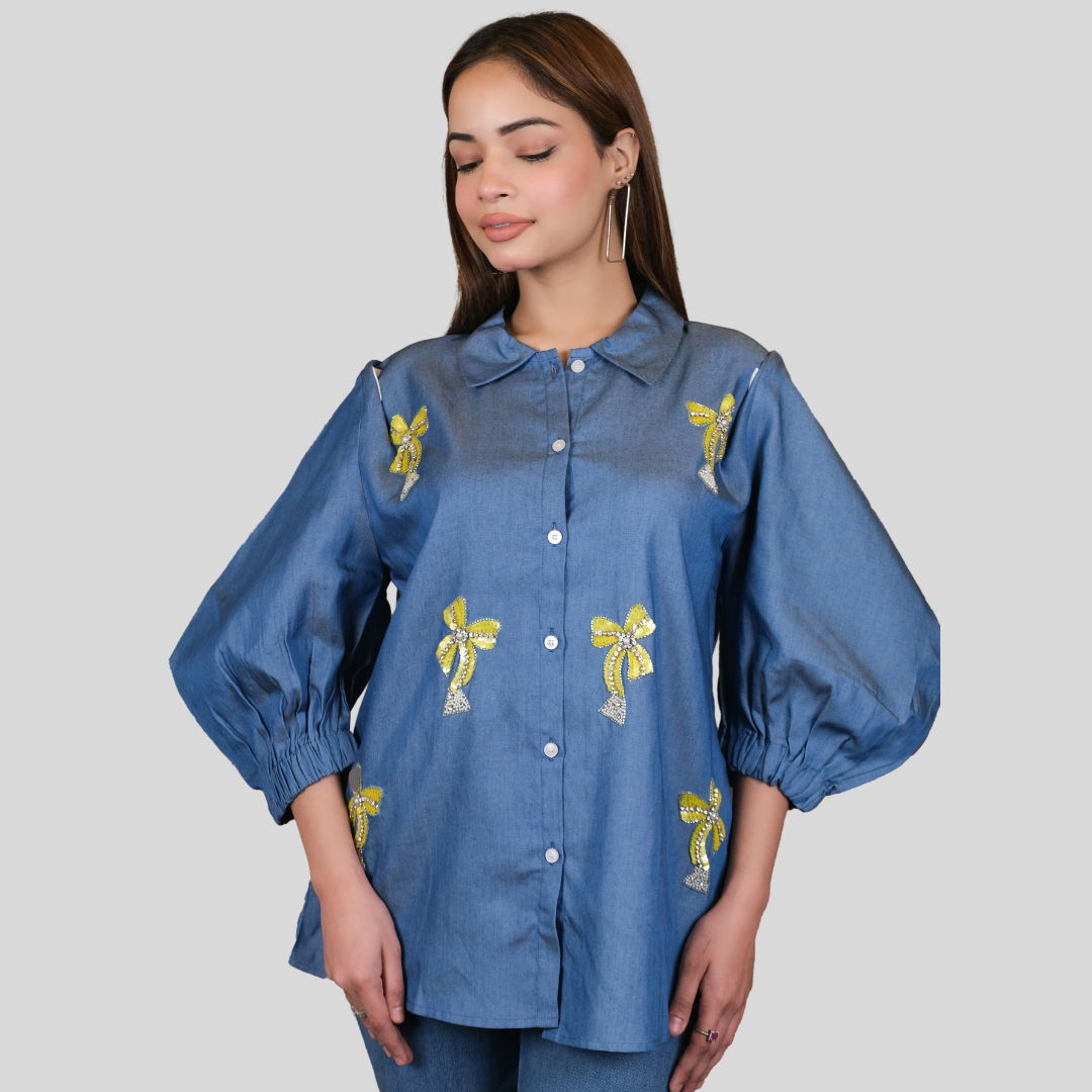 Denim Shirt With Ribbon Embriodery