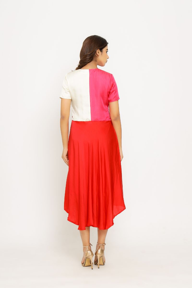 Red-Pink V Neck Midi Dress