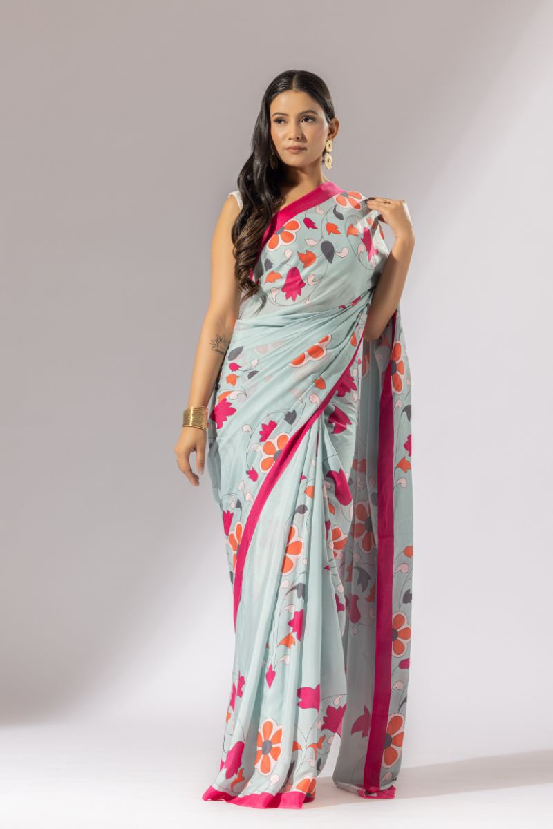 Bouquet Breeze Crepe Saree - Sea Green