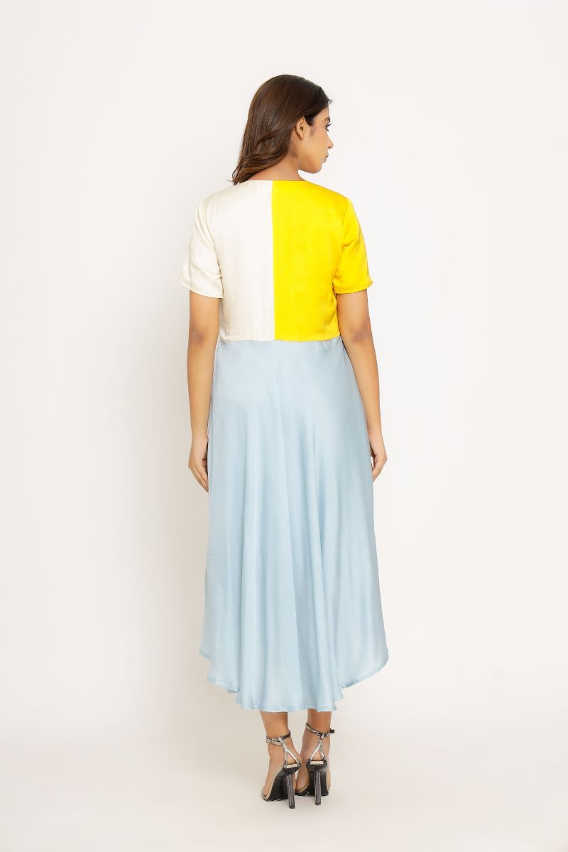 Yellow-Ice Blue V Neck Midi Dress