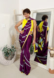 Floral Swirl Satin Georgette Saree - Deep Purple