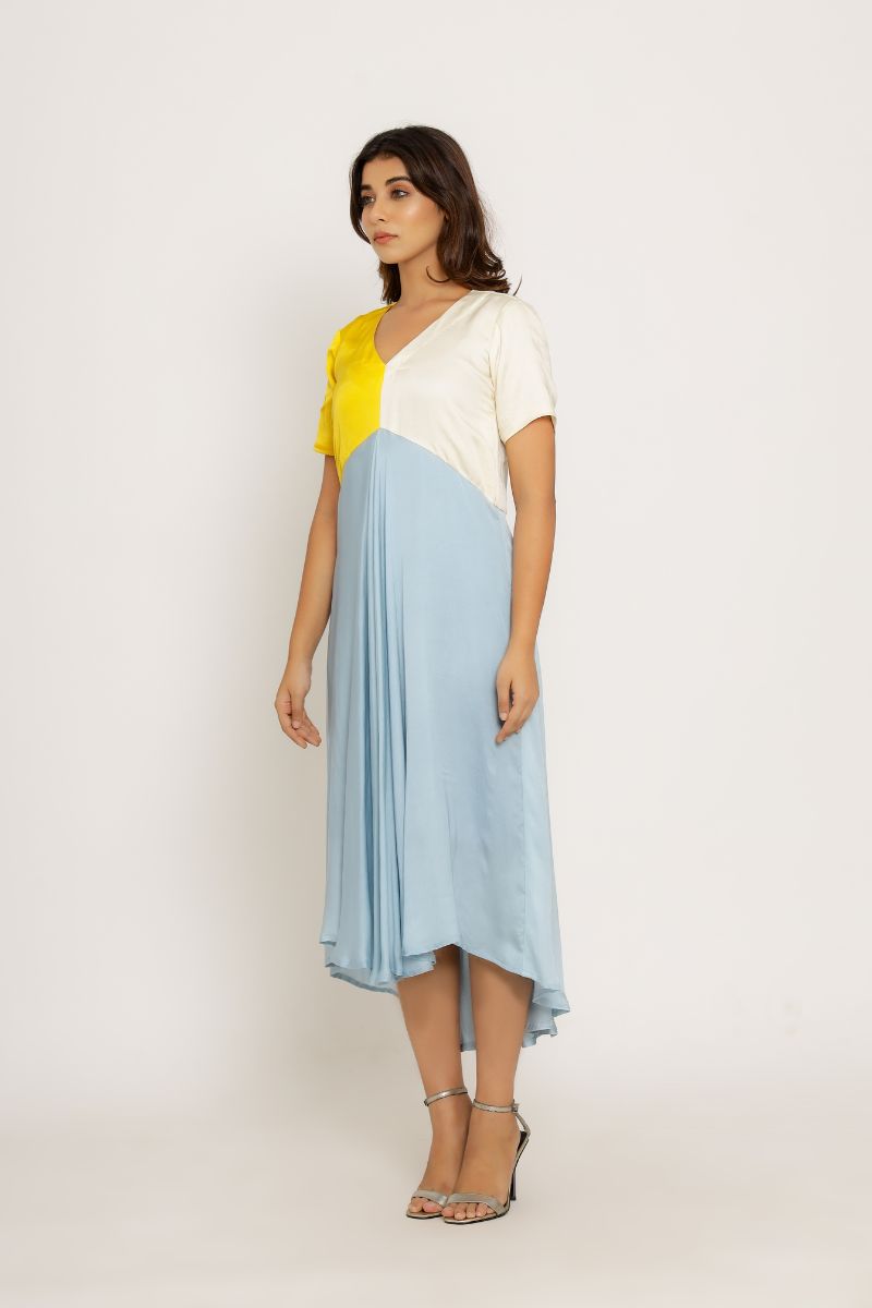 Yellow-Ice Blue V Neck Midi Dress