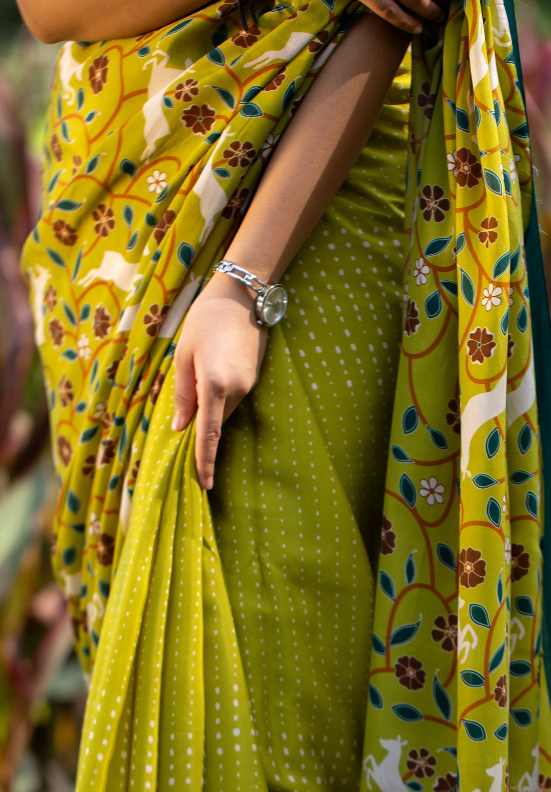 Deer Delight Crepe Saree - Parrot Green