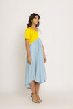 Yellow-Ice Blue V Neck Midi Dress