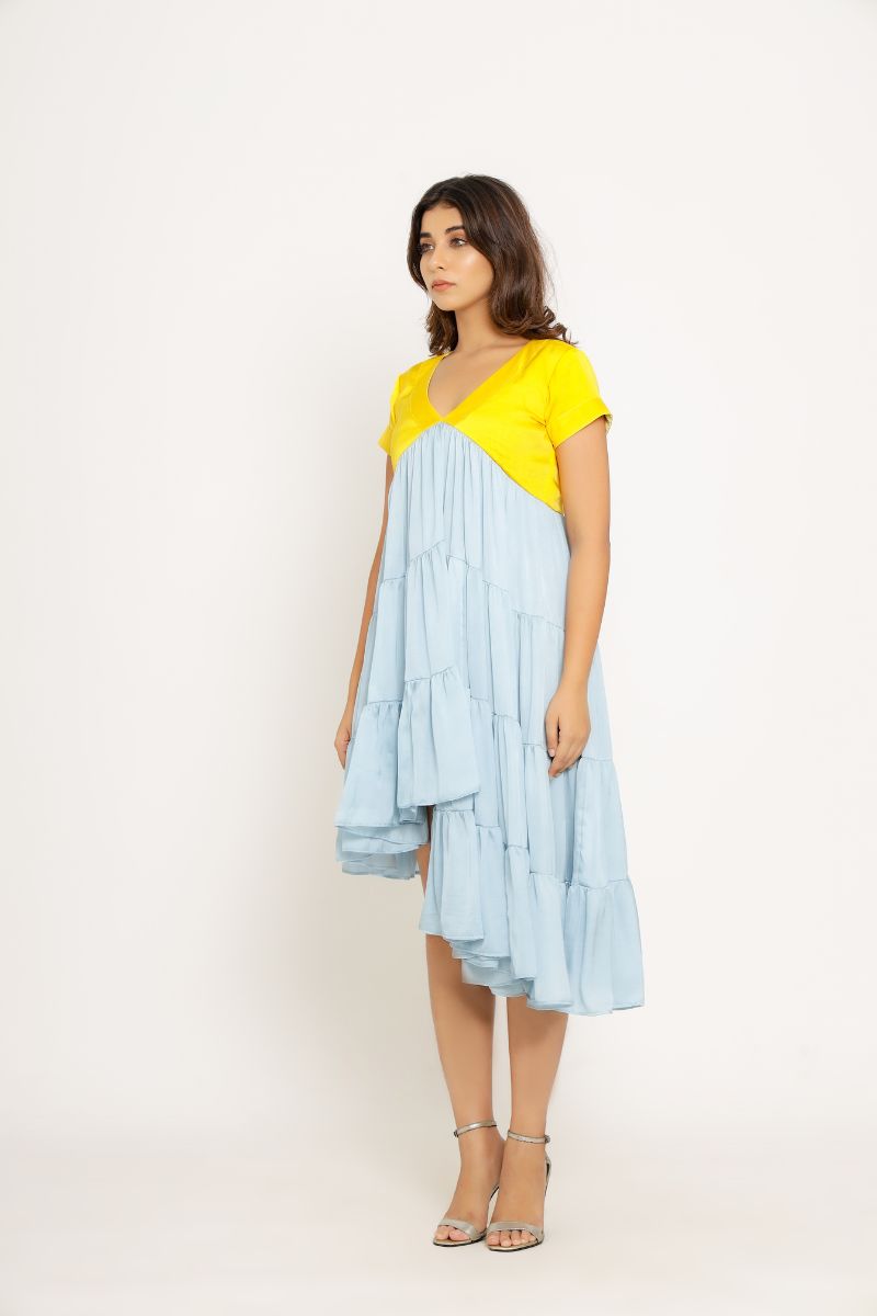 Yellow-Ice Blue Asymmetrical Dress