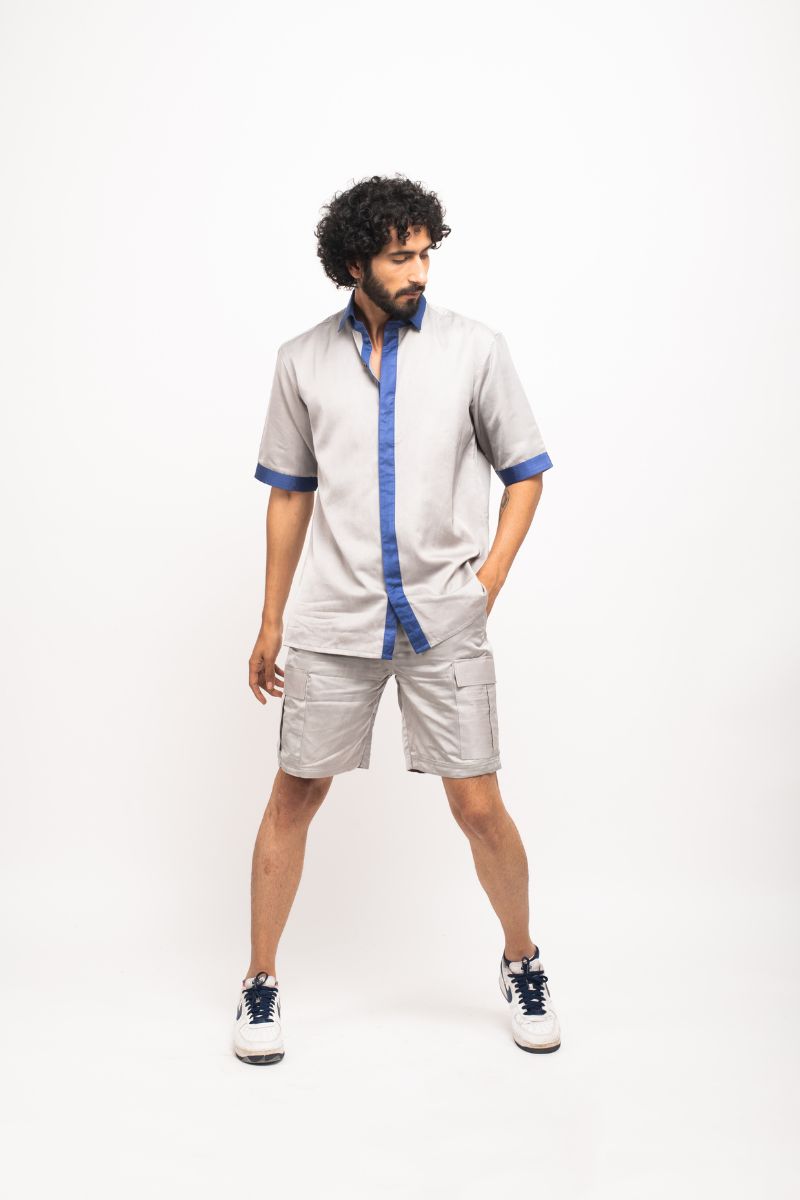 Grey-Blue Collar Colorblocked Shirt