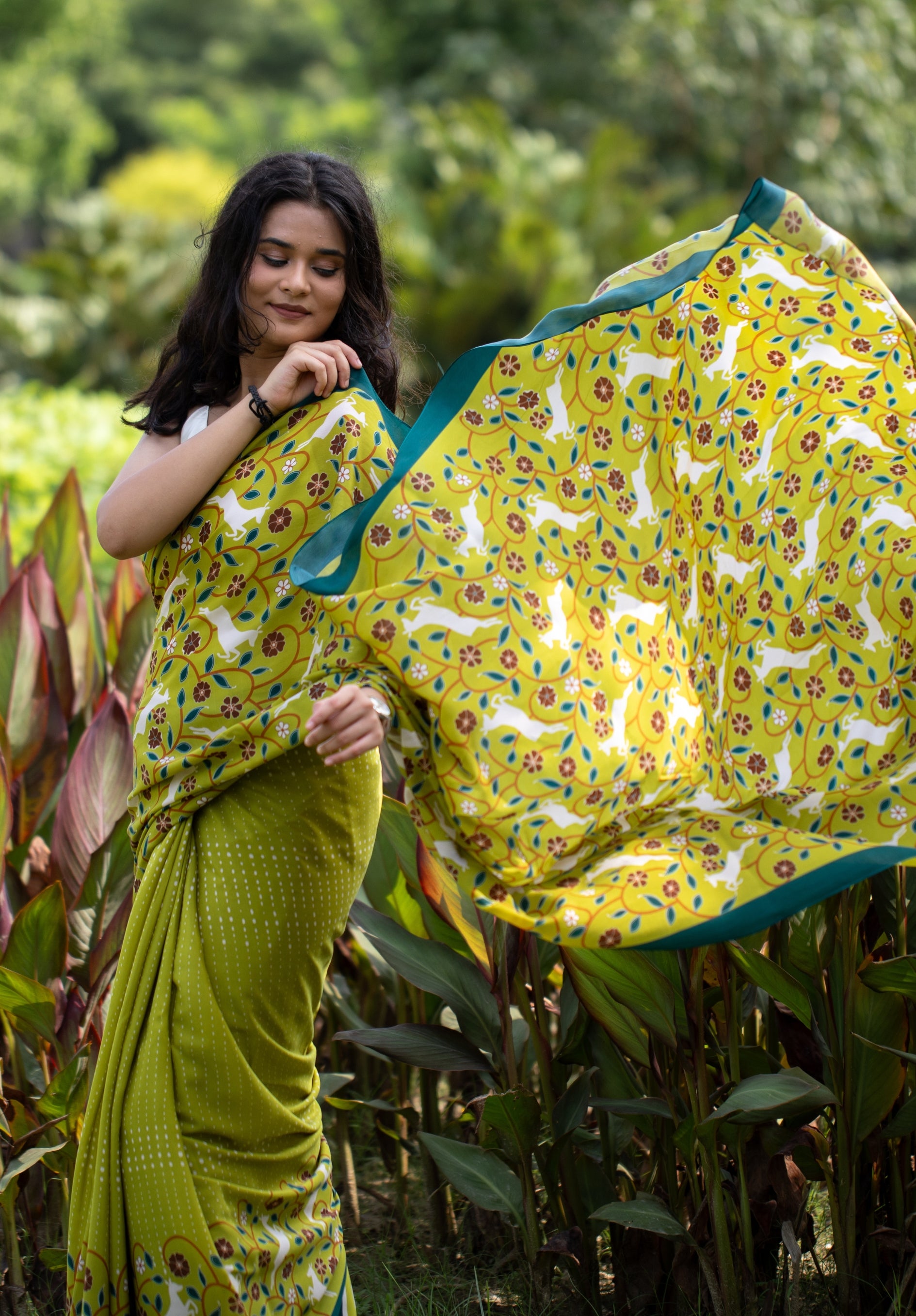 Deer Delight Crepe Saree - Parrot Green