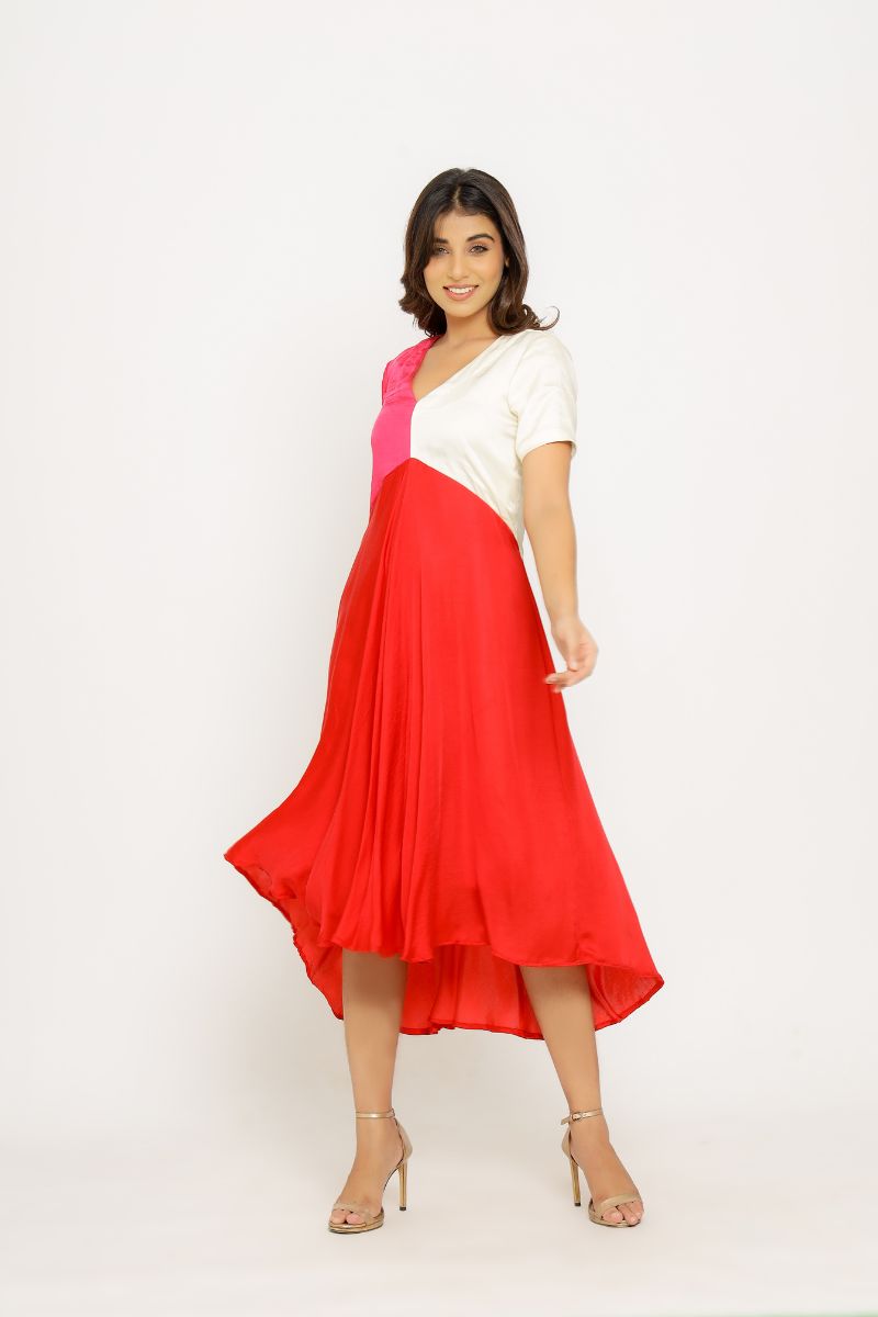 Red-Pink V Neck Midi Dress