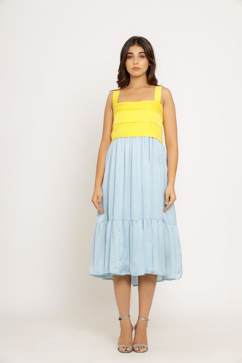 Yellow-Ice Blue Midi Dress