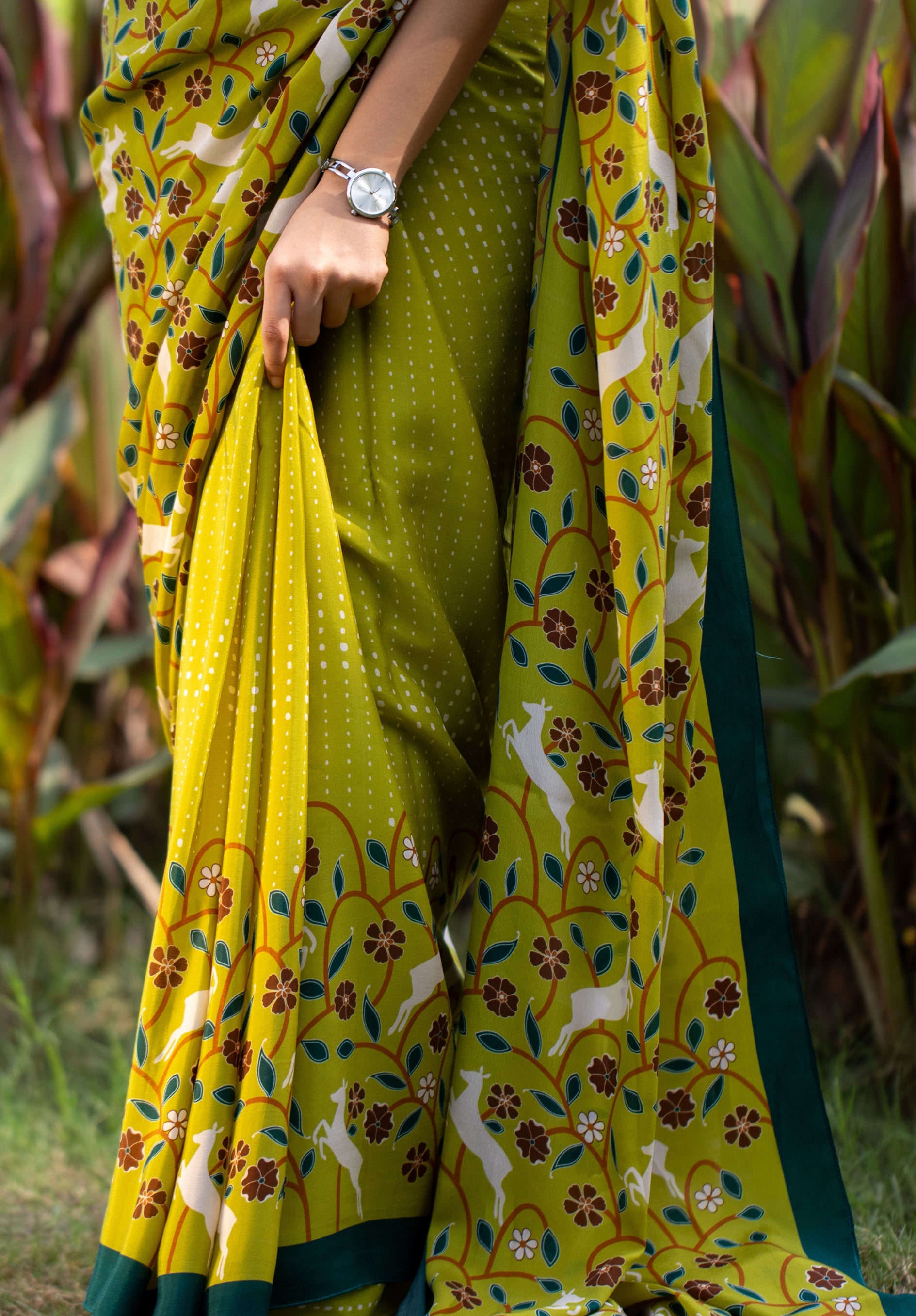 Deer Delight Crepe Saree - Parrot Green