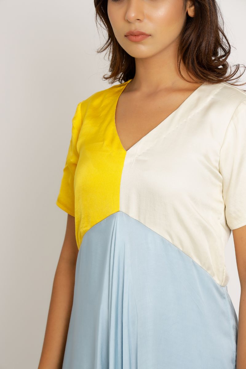 Yellow-Ice Blue V Neck Midi Dress