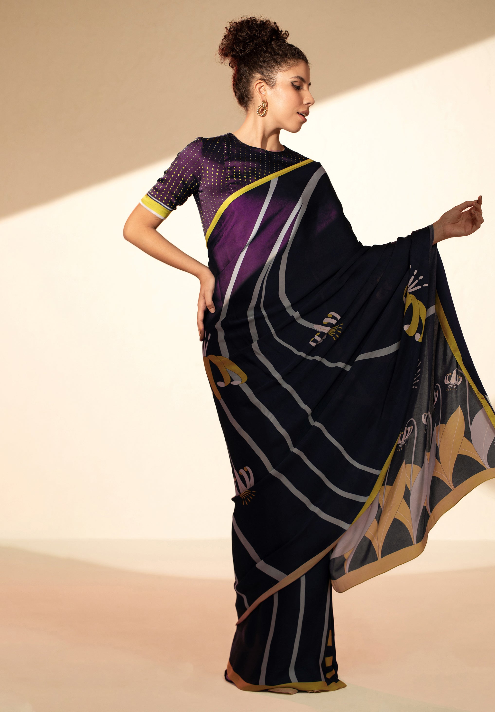 Floral Swirl Satin Georgette Saree - Deep Purple