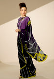 Floral Swirl Satin Georgette Saree - Deep Purple