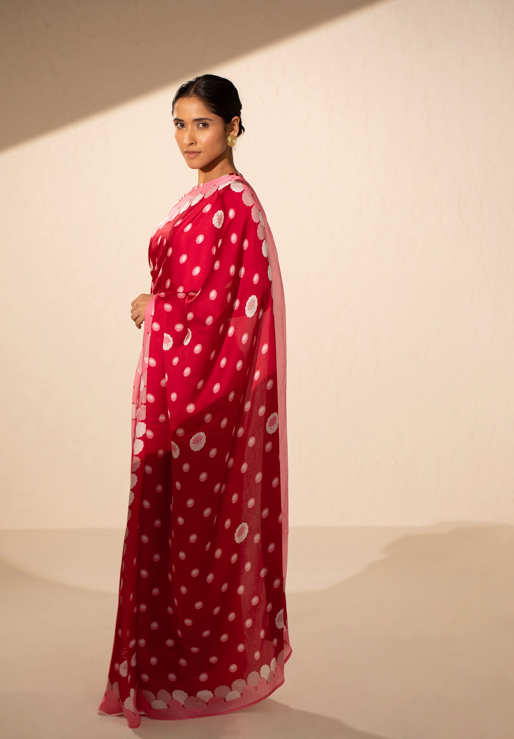 Floating Petals Satin Georgette Saree - Red