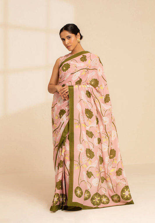 Paradise Blooms Crepe Saree - Light Pink