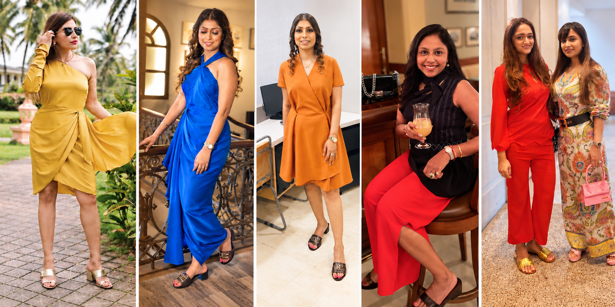 Five photographs of women wearing Sixth Avenue: a mustard dress, a blue draped dress, an orange shirt dress, a black and red look, and colourful co-ords