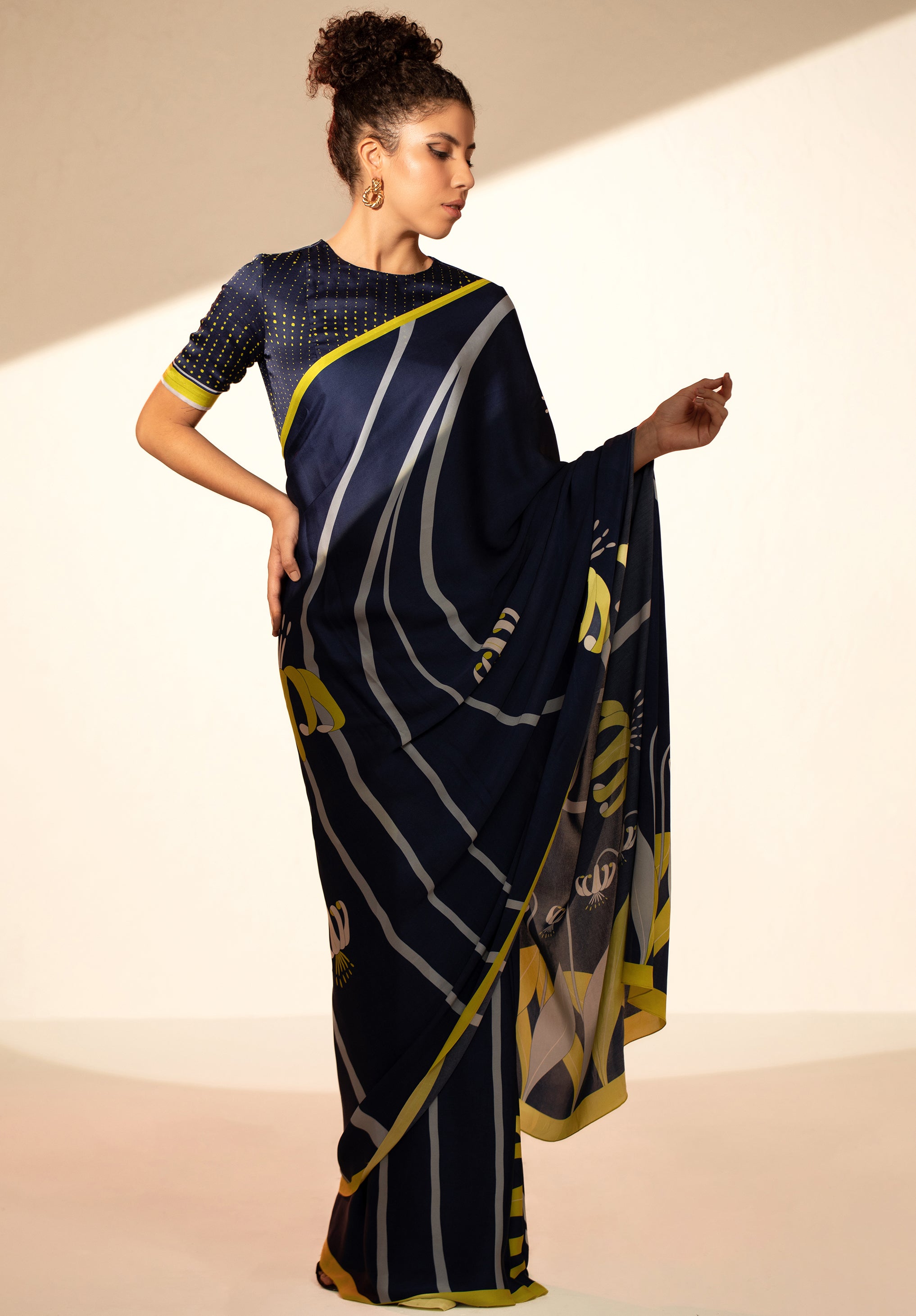 Floral Orbit Satin Georgette Saree - Dark Blue