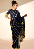 Floral Orbit Satin Georgette Saree - Dark Blue