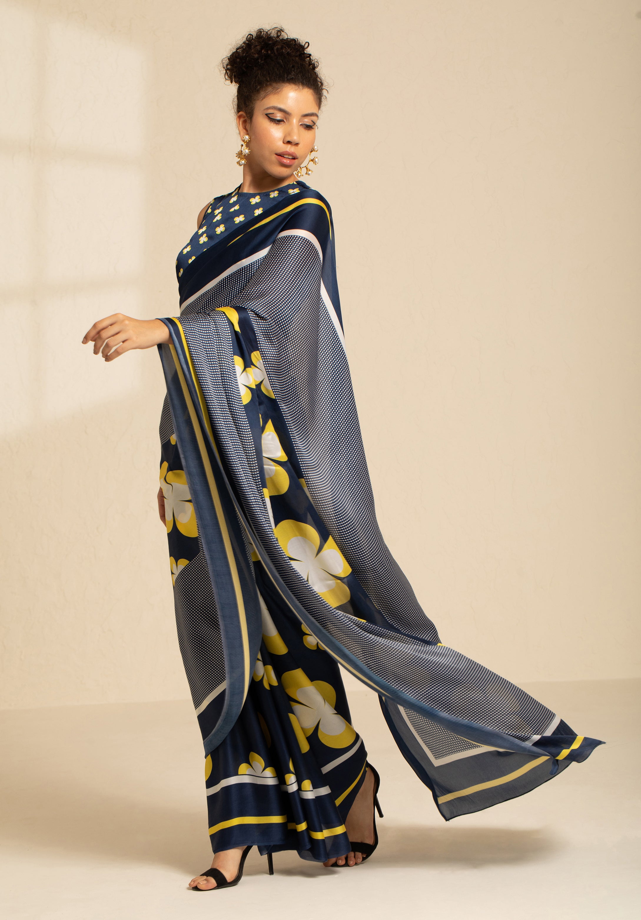 Retro Revival Satin Georgette Saree - Navy