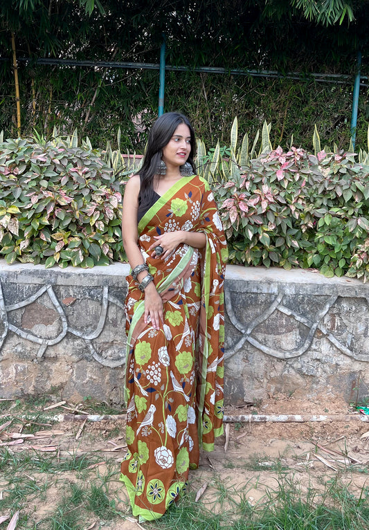 Flora and Fauna Crepe Saree - Tan