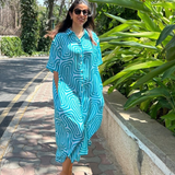 Blue Teal Geometric Print Shirt Dress